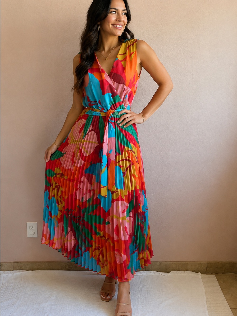 STUDIO ONE Colorful Pleated V-Neck Maxi Dress with Self-Tie Waist